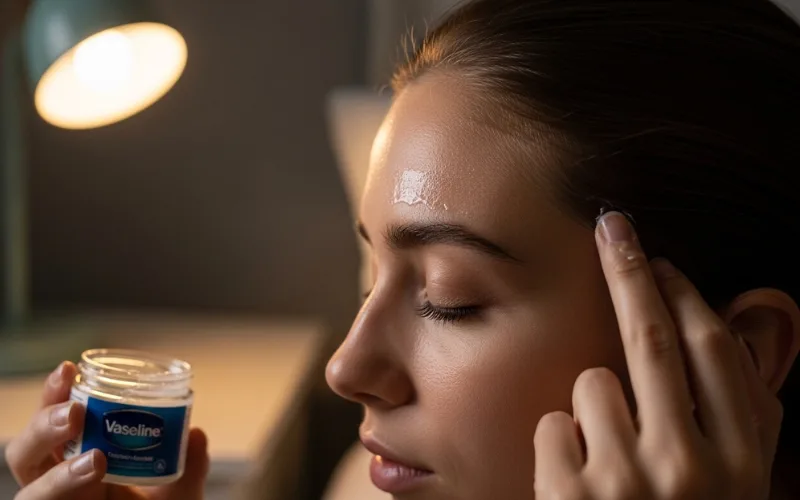 “Applying Vaseline to hairline before sleep, night skincare routine”