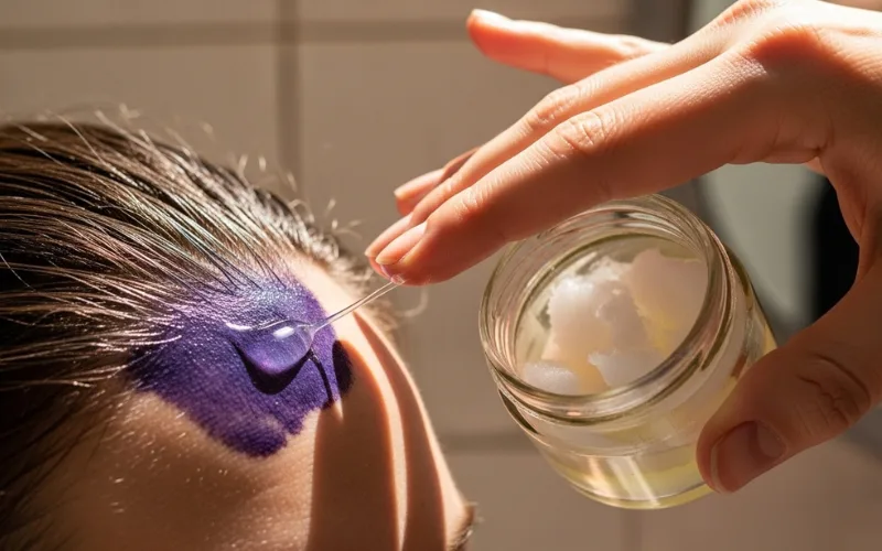 “Close-up of hand applying coconut oil to hair dye stain on skin, realistic, natural lighting, skincare treatment, home bathroom setting”