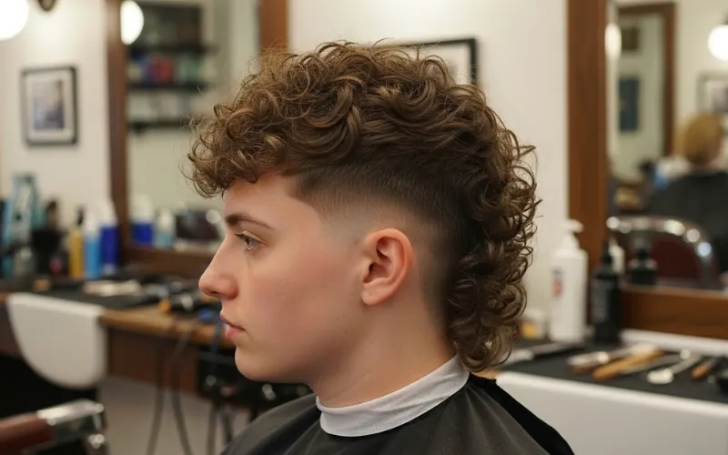 curly modern mullet haircut side view, short sides tapered, longer textured back.