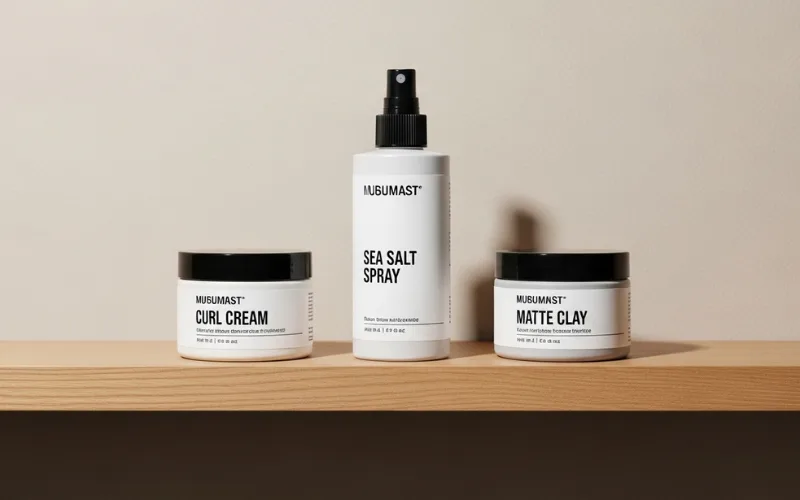 men’s curly hair products lineup on shelf, curl cream, sea salt spray, matte clay, minimalist aesthetic.