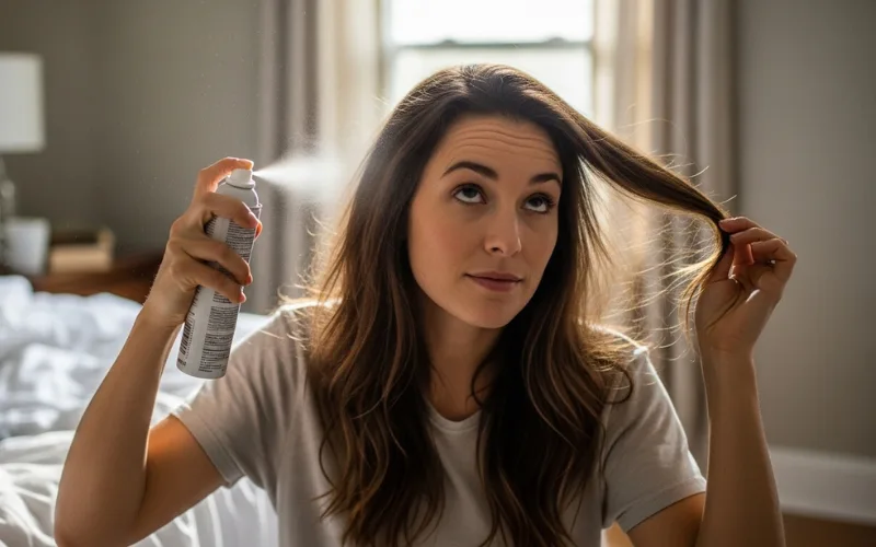 woman using dry shampoo on second-day hair, casual home setting, natural look.