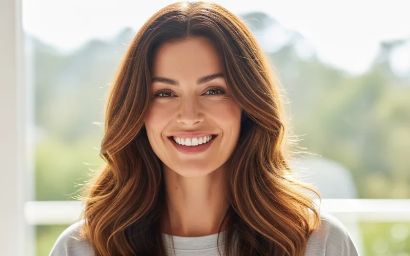 woman with healthy hair smiling confidently, soft natural lighting, wellness theme.