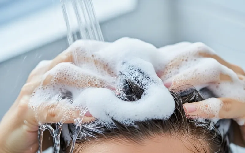 woman removing oil from hair using shampoo, foam on scalp, close-up wash scene.