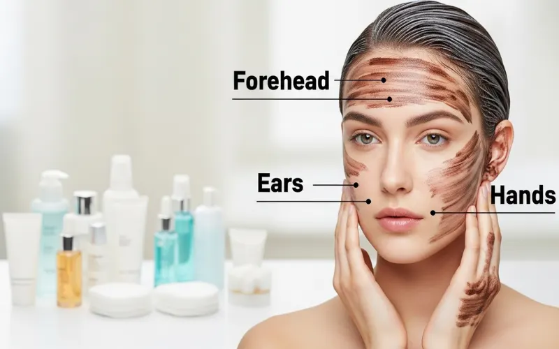 “Hair dye stains on forehead, ears, and hands labeled areas, skincare concept image”