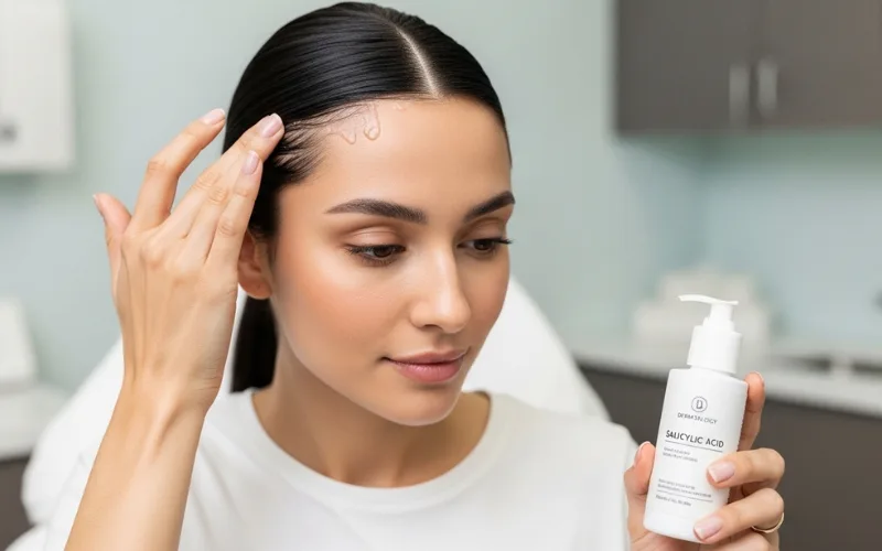 salicylic acid bottle clearly visible, woman applying on scalp, clean dermatology concept.