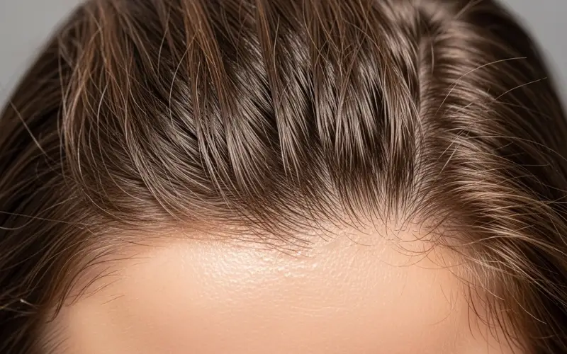 close-up of scalp with oily roots and shine, hair strands clumping together, educational style, neutral background.