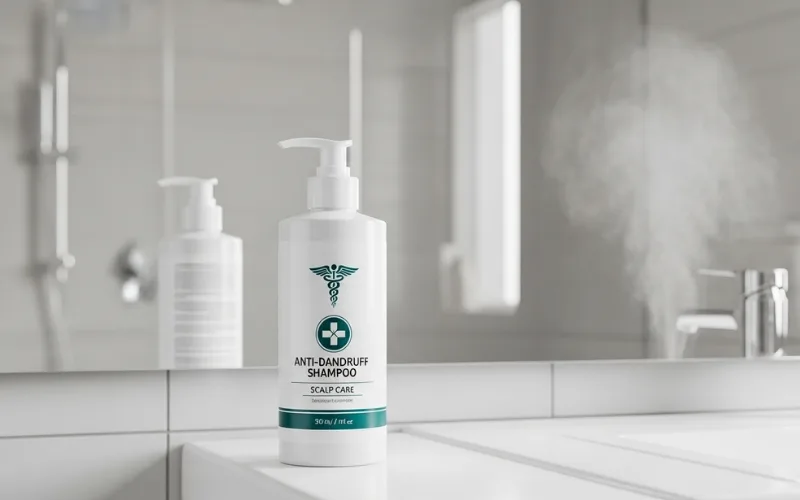 anti-dandruff shampoo bottle with medical style design.