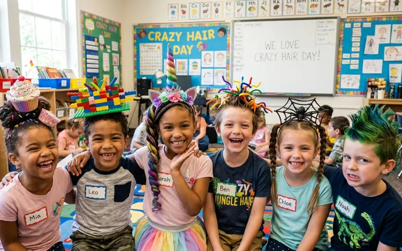 “school crazy hair day, diverse kids with wildly styled hair (cupcake hair, lego hair, unicorn horn), bright classroom background, laughing and posing, natural lighting, realistic photography, high detail, candid moment”