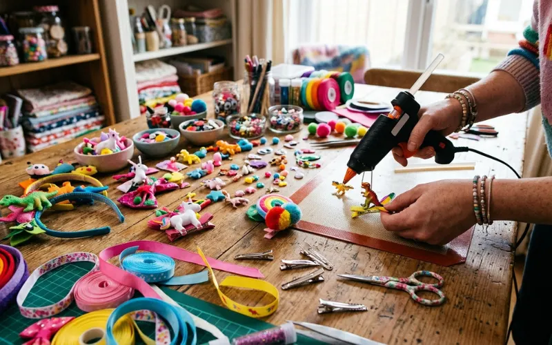 “DIY crazy hair accessories on table with clips, toys, ribbons, glue gun, creative crafting scene, realistic lighting”