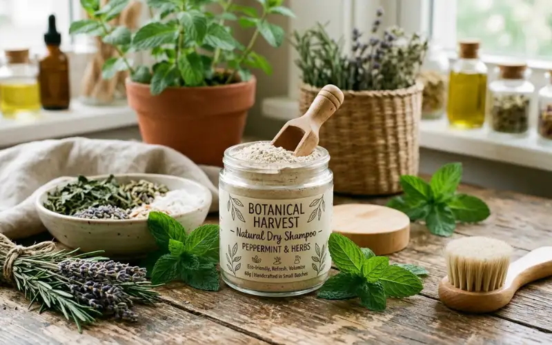 Natural powder dry shampoo with herbs, peppermint leaves, eco beauty background