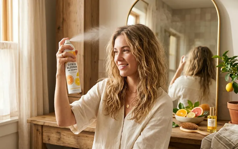 Citrus-inspired beauty scene with dry shampoo spray, warm modern aesthetic