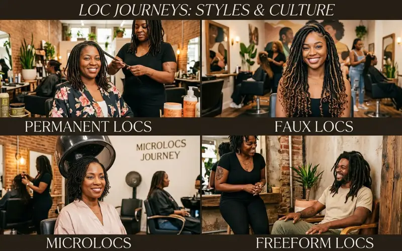 Different loc styles collage, permanent locs, faux locs, microlocs, freeform locs, hair salon aesthetic.