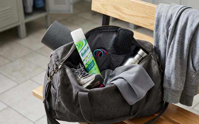 Affordable dry shampoo can with casual gym bag setup, everyday hair care theme