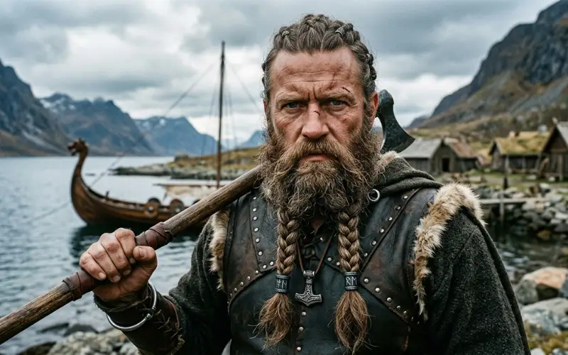 man with braided beard, one or two beard braids, detailed texture, rugged Viking style.