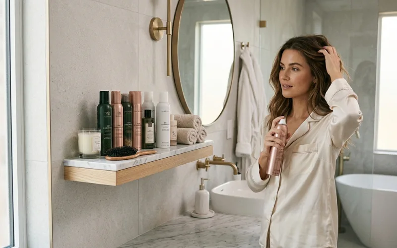 Luxury bathroom shelf with multiple dry shampoo bottles, woman holding spray can, modern beauty setup, soft lighting, magazine style