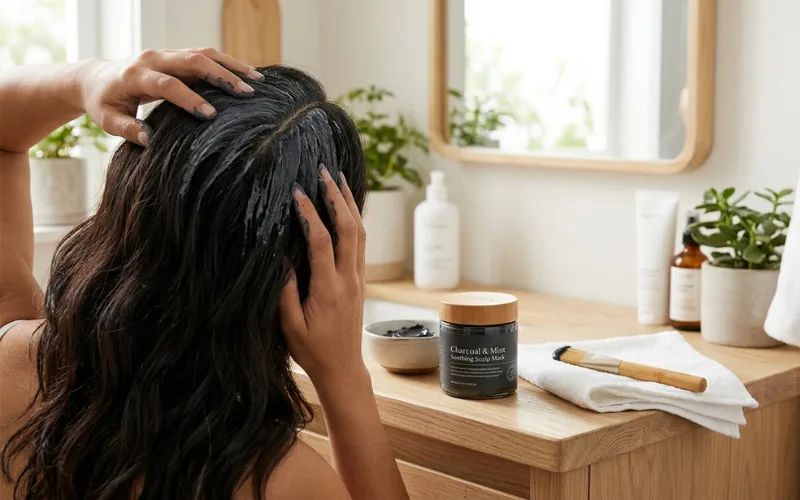 Scalp care beauty product with charcoal elements, soothing hair treatment scene