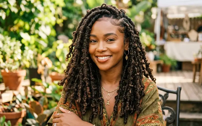 Butterfly locs with textured loops, boho hairstyle, trendy Black woman portrait, detailed hair design.