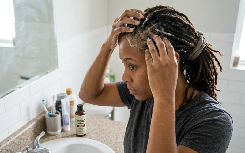 Applying medicated shampoo to scalp between locs, healthy dreadlock maintenance, realistic bathroom scene.