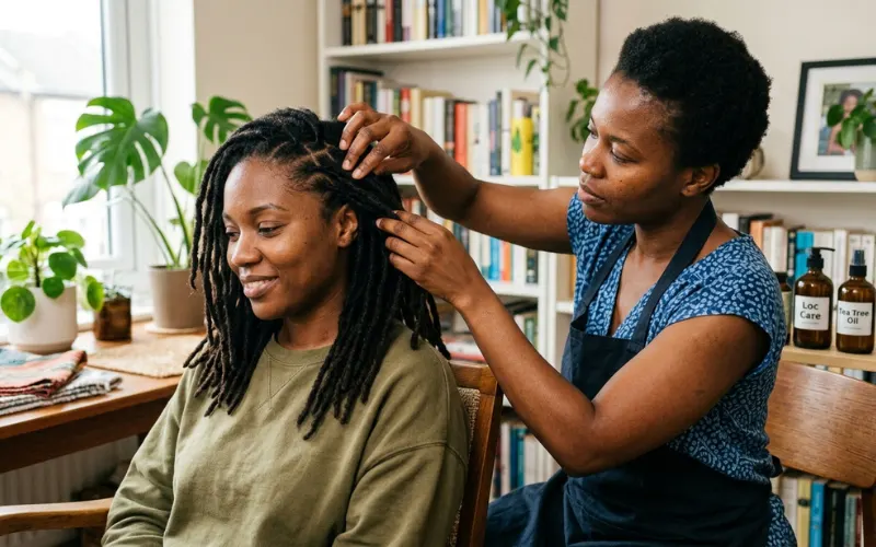 Person checking dreadlocks and scalp hygiene, clean hair care concept, realistic indoor scene.