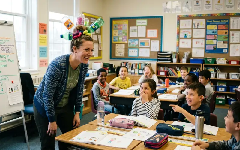 “female teacher with funny pop bottle hairstyle, classroom background, students laughing, natural lighting, realistic photography”