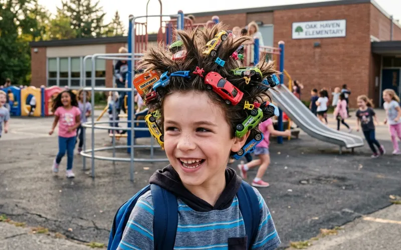 “boy with spiky crazy hair and toy cars clipped in, playful expression, schoolyard background, realistic lighting, high detail”
