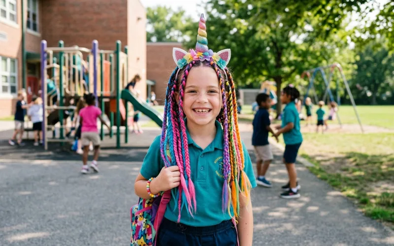 “young girl with colorful creative hairstyle (rainbow braids, unicorn horn), smiling, outdoor school setting, bright natural light, realistic photo”