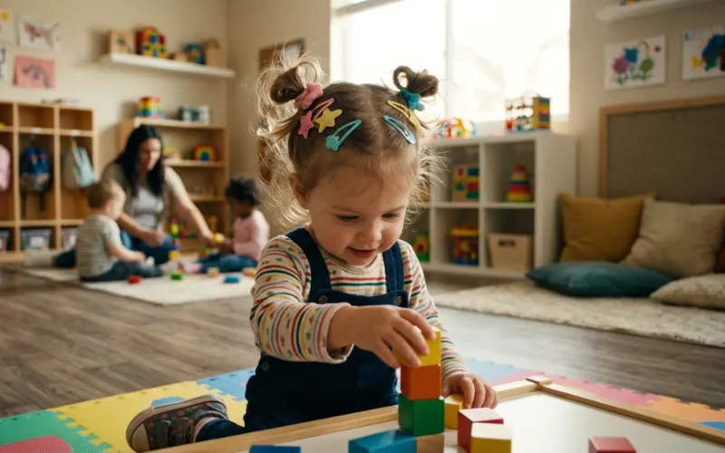 “toddler with soft colorful hair clips and tiny buns, safe styling, indoor daycare setting, warm lighting, realistic candid shot”