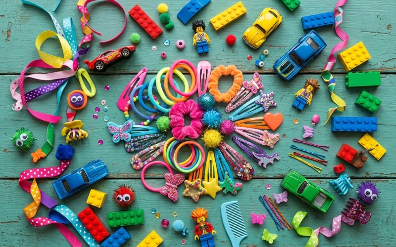 “creative flat lay of crazy hair day elements including ponytail accessories, toy cars, ribbons, lego pieces, colorful clips, realistic photography”