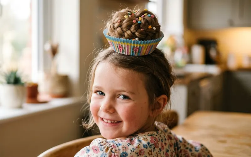 “child with cupcake hairstyle using paper liner and bun, realistic texture, close-up, bright natural light”