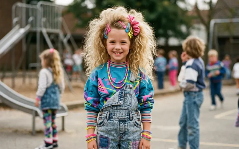 “child with 80s big teased hair and colorful accessories, retro vibe, realistic photo”