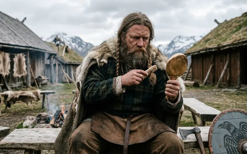 Ancient Viking, Norse warrior grooming hair, historical setting, muted tones