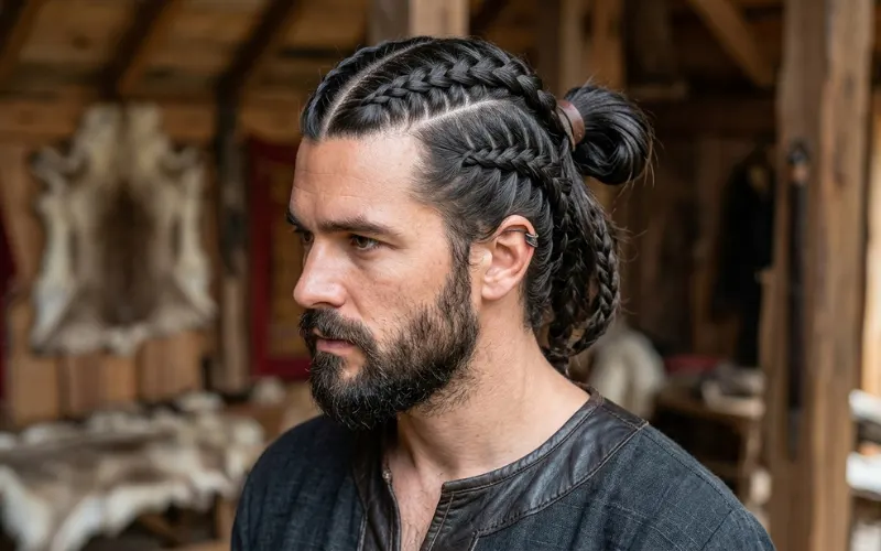 Man with center-parted hair, two Dutch braids along scalp, raised braids, back tied, Viking style, clean tutorial look.