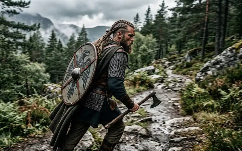 Man with two or three crown braids running backward, tied at nape, warrior style, historical Viking vibe.