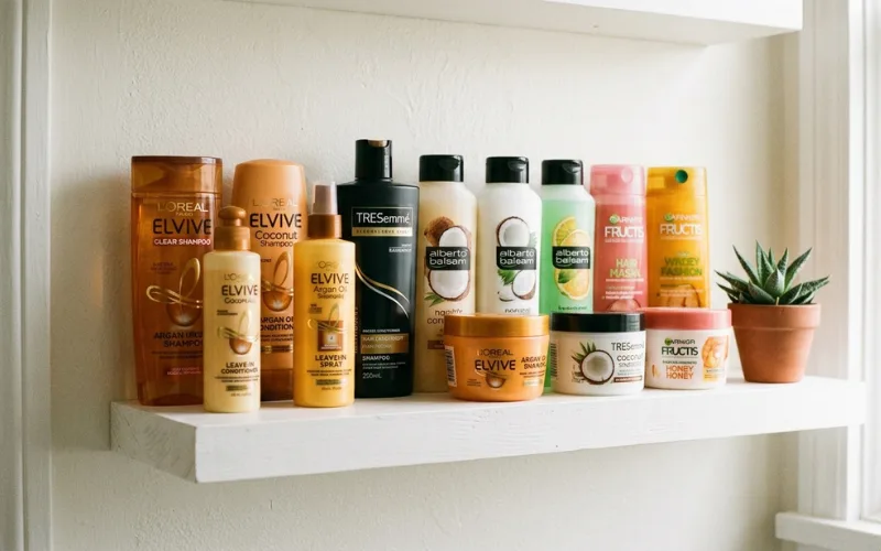 Budget hair care products arranged on white shelf, soft beauty lighting