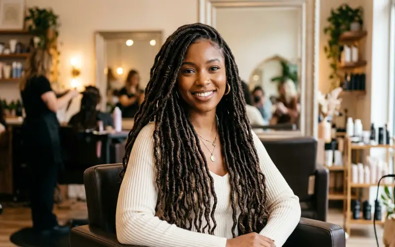 Long faux locs hairstyle, protective style with extensions, stylish salon portrait, realistic texture.