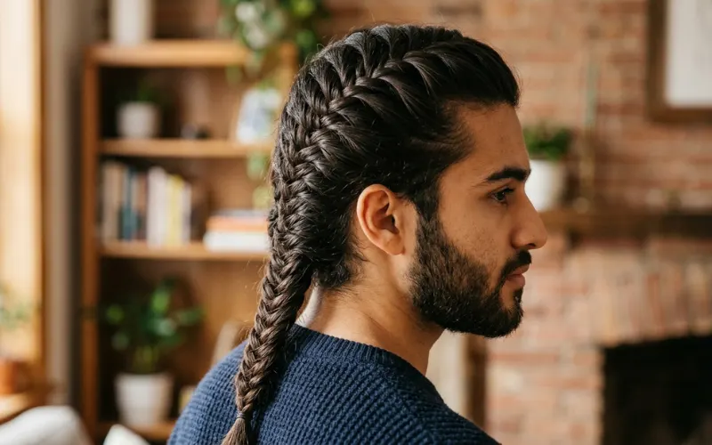 Fishtail braid close-up, intricate weaving pattern, male hairstyle, soft lighting, detailed strands.