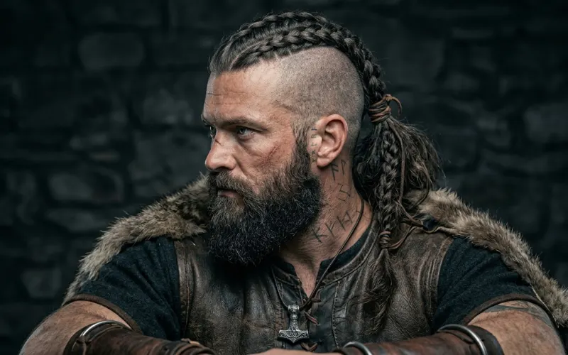 Center braid from forehead to back, shaved sides, Viking haircut, strong masculine look, studio lighting.