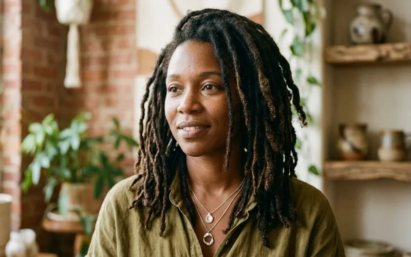 Freeform locs natural hairstyle, organic dreadlocks, artistic Black hair portrait, raw authentic texture.