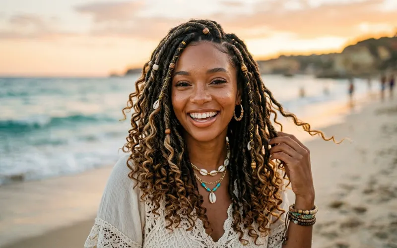 Goddess locs hairstyle with curly ends, bohemian beauty look, beach-inspired hair portrait.