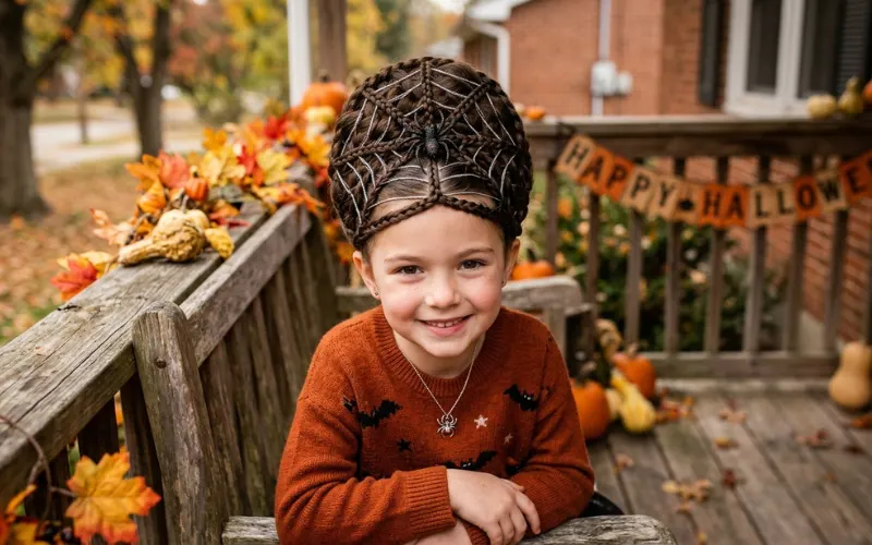 “child with spider and web hairstyle, halloween vibe, soft daylight, realistic detail”