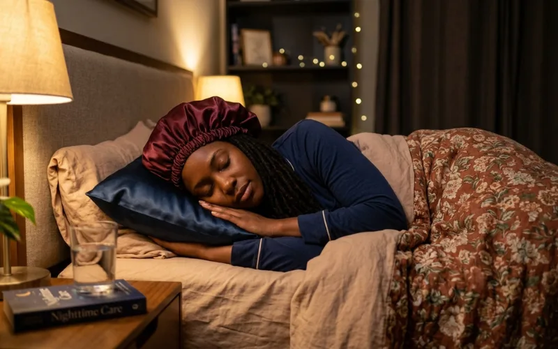 Woman sleeping with satin bonnet and long locs, nighttime dreadlock protection, cozy bedroom lighting.