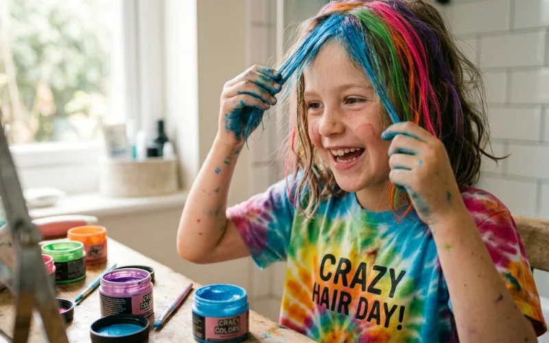 “kid applying bright temporary hair colors for crazy hair day, colorful streaks, realistic close-up, natural light”