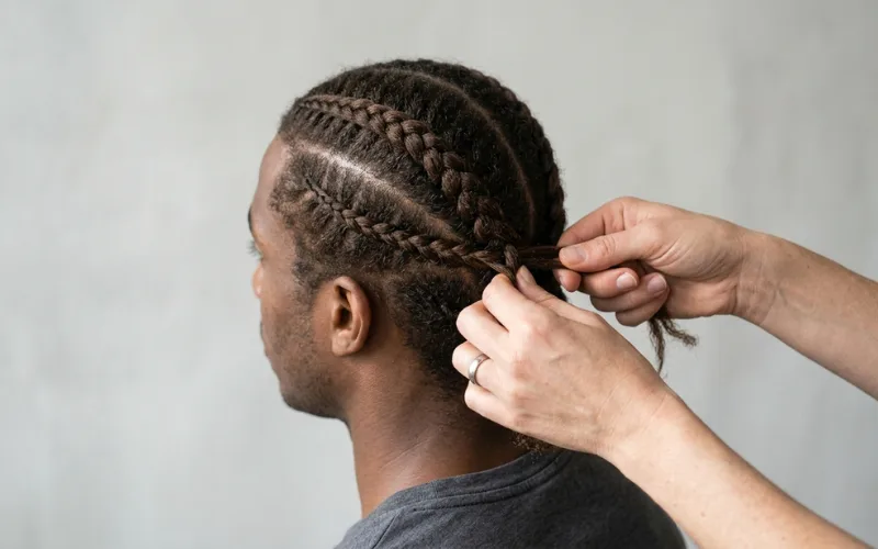 Hands braiding male hair, tutorial style, clean background, focus on technique.