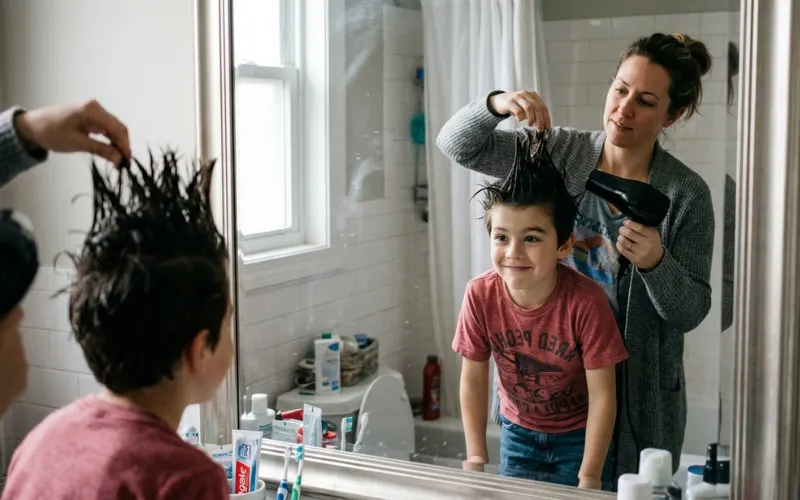 “child with crazy spiked hair standing straight up using strong gel and blow dryer, parent styling hair in bathroom mirror, realistic texture, natural indoor lighting, candid photography”