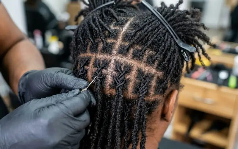 Interlocked loc roots close-up, neat criss-cross pattern, professional loc maintenance session.