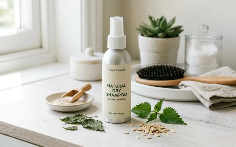Natural dry shampoo with nettle leaves and oat ingredients, clean beauty style