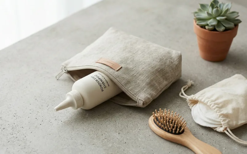 Powder dry shampoo squeeze bottle with travel pouch, minimalist beauty setup