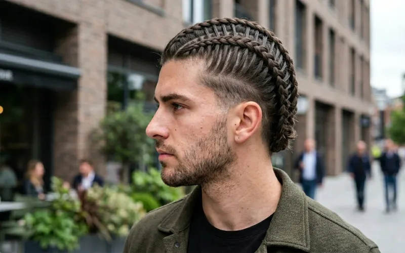 Side ladder braid with visible horizontal strands, detailed hair texture, modern braided hairstyle.