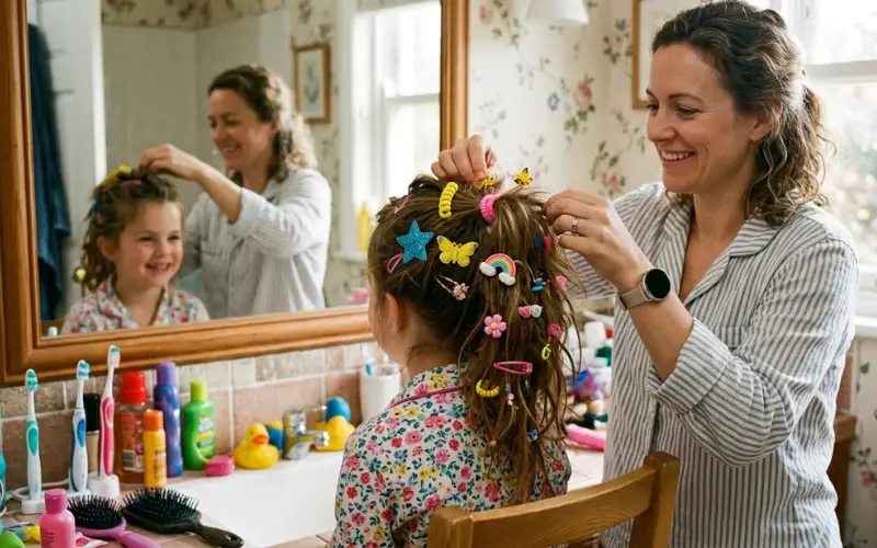 “quick messy ponytail with colorful clips and random accessories, parent finishing hair in mirror, morning light, realistic home setting”