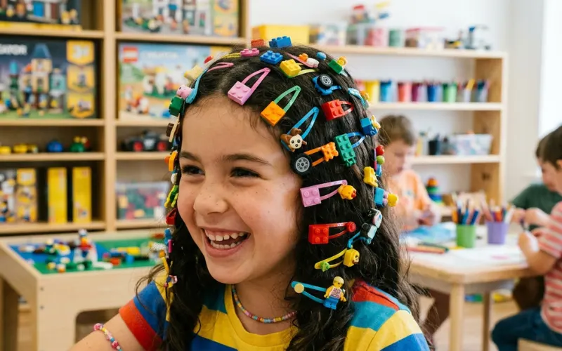 “kid with lego pieces attached to hair clips across head, colorful and playful, realistic photography”